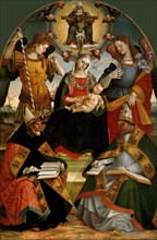The Trinity, the Virgin and Child, the Archangels Michael and Gabriel and Saints Augustine..., 1510. Creator: Signorelli, Luca (ca 1441-1523).
