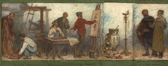 Benvenuto Cellini, 16th century artist, admiring products of modern art: Fabrics: Sketch..., 1880. Creator: Edmond Eugene Valton.