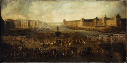 Pont-Neuf, seen from entrance to Place Dauphine, the Malaquais quay with..., between 1660 and 1670. Creator: Unknown.
