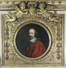 Cardinal Jules Mazarin (1602-1661). Portrait encased in wooden fireplace mantel... Creators: Pierre Mignard, Robert Nanteuil.