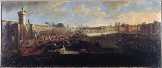 Grande Galerie of the Louvre, with new gate, the Pont-Neuf, the city, the college..., around 1665. Creator: Unknown.