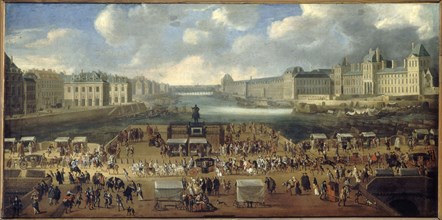 Pont-Neuf, seen from entrance to Place Dauphine, the Malaquais quay..., around 1669.  Creator: Unknown.