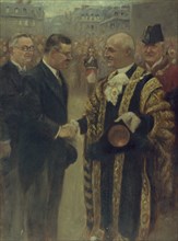 Sir George Broadbridge, Lord-Mayor of London, shaking hands with..., 1937. Creator: Noel Dorville.