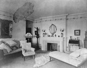 Bedroom with fireplace, padded chaise longue, sofa, male nude..., Greenwich, Connecticut, 1908. Creator: Frances Benjamin Johnston.