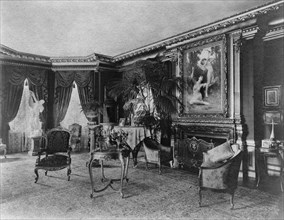 Interior with Bouguereau's "Flight of Love" over fireplace..., Greenwich, Connecticut, 1908. Creator: Frances Benjamin Johnston.