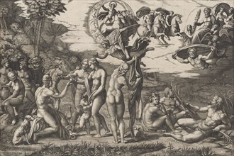 The Judgment of Paris; he is sitting at left with Venus, Juno and Pallas Athena, a ..., ca. 1510-20. Creator: Marcantonio Raimondi.