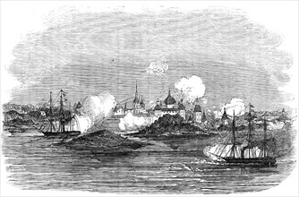 Attack on the town of Novitska, in the White Sea, by the "Miranda" and "Brisk", 1854. Creator: Unknown.