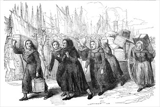 Boulogne Fishwomen carrying the Luggage of the Nurses for the East, 1854. Creator: William Thomas.