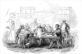 Discussing the War, in a Coffee-House, at Copenhagen - sketched by E.T. Dolby, 1854. Creator: W Thomas.