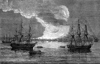 Conflagration at Varna: French Line-of-Battle ship "Bayard" - H.M. Frigate "Leander", 1854. Creator: Unknown.