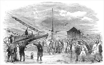 Navvies embarking at the Birkenhead Docks, 1854. Creator: Unknown.