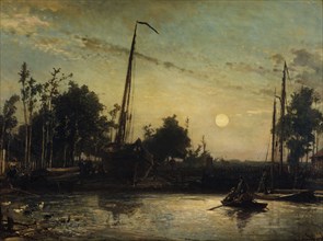 Boat under construction by the canal, Dutch landscape, 1857.