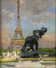 L'Eléphant pris au piège de Frémiet et la Tour Eiffel, 1922.