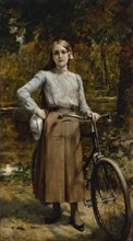 Bicyclette au Vésinet, 1903. Girl with bicycle at Le Vésinet.
