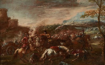 Bataille, 17th century. Battle scene, soldiers, riders, horses.