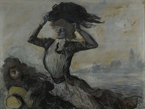 Départ, le coup de vent, c.1900. Woman and girl on a windy day.