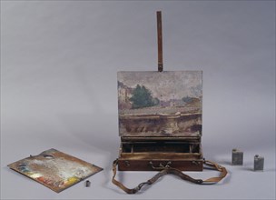 Paint box with removable easel and folding palette, before 1932.
