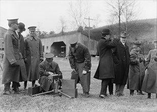 Army, U.S. Machine Gun Tests, 1918. Officers and civilians watching.