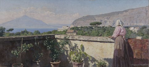 Woman on the terrace of the Cocumella hotel. View of Vesuvius, 1897.