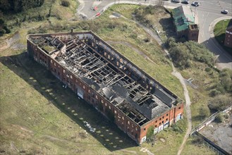 Fire damaged warehouse at Friar Gate Goods Yard, City of Derby, 2021.