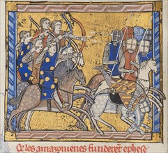 Amazons in battle. From "Histoires Roger", c. 1280. Creator: Anonymous.
