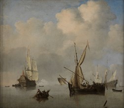 Calm sea: two small Dutch coasters at anchor alongside. Marine, c.1675.