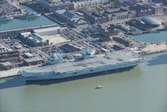 HMS Queen Elizabeth aircraft carrier in dock, Portsmouth, Hampshire, 2020.