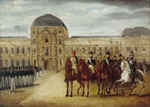 Review passing in front of Tuileries Palace, around 1820. Creator: Unknown.