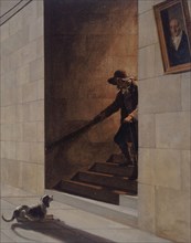 La Descente de l'escalier, c.1800. Descending the stairs. Dog waiting for old man.