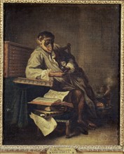 Le singe antiquaire, 1740. Monkey antiquary looking at coins with a magnifying glass.