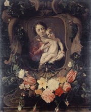 Vierge à l'enfant dans une couronne de fleurs, 17th century. Creator: Daniel Seghers.
