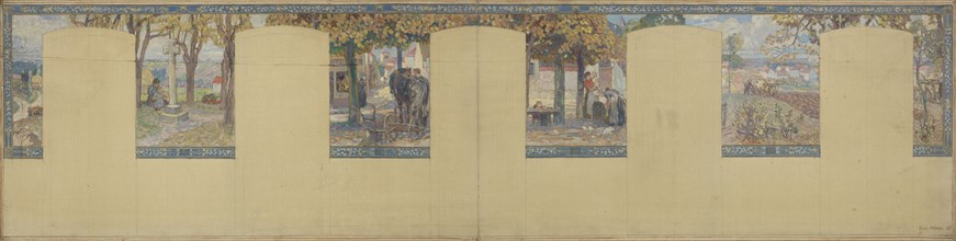 Esquisse pour la mairie de Fresnes : Paysage. Scènes de village, 1905. Village scenes.