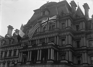 Allied Commission To U.S - Allied Flags On State Department, 1917. Creator: Harris & Ewing.