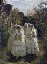 Les communiantes à Courrières, c.1855. Young girls taking their first communion at Courrières.