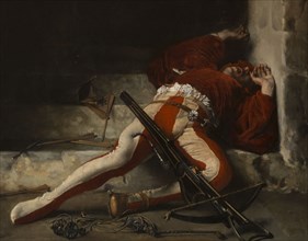 Le Guet-apens, 1869. The Ambush, detail. Man lying injured or dead, with a crossbow and arrows.