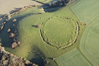 Unfinished Early Iron Age univallate hillfort earthwork situated on Ladle Hill, Hampshire, 2017.