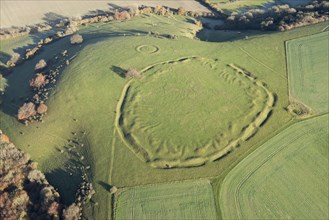 Unfinished Early Iron Age univallate hillfort earthwork situated on Ladle Hill, Hampshire, 2017.