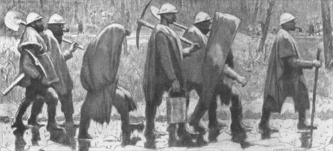 ''Choses vues a la guerre; territoriaux revenant de corvee sous la pluie.', 1915. Creator: Georges Leroux.