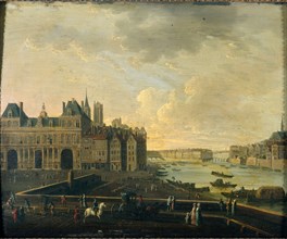 Place de Grêve, the Hotel de Ville, Île Saint-Louis and the Cité, around 1780..., c1775-1785. Creator: Unknown.