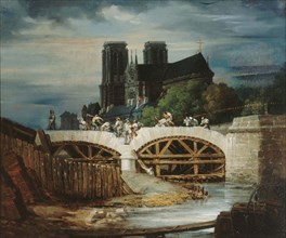 Construction of the Pont de l'Archeveche, around 1828, current 4th arrondissement, c1823-1833. Creator: Unknown.