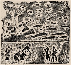 The rubbing from the Brick Relief with Harvesting, Fishing and Hunting Scene, 25-220. Creator: Central Asian Art.