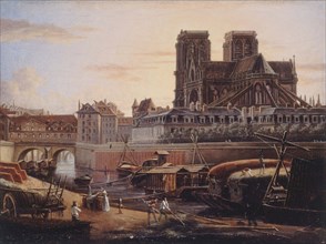 The Saint-Charles bridge, Hôtel-Dieu, Archdiocese and Notre-Dame, seen from Quai de..., circa 1820. Creator: Unknown.