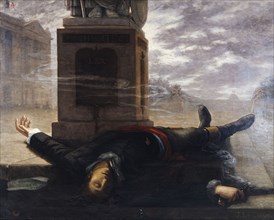 La mort de Victor Bach, le 18 brumaire, au pied de la statue de la Liberté, place de la..., c1895. Creator: J Le coeur.