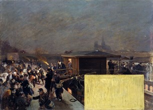 Esquisse pour le cabinet du préfet à l'Hôtel de Ville : Débarquement des blessés de Champigny, 1889. Creator: Raoul Arus.