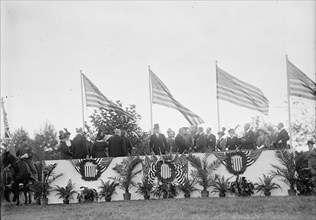 Cavalry Review By President Wilson - Seen In Stand: President Wilson; General Wood; Col..., 1913. Creator: Harris & Ewing.