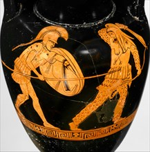 Greek soldier fighting a Persian (Terracotta red-figure Nolan amphora) , ca 470 BC. Creator: Ancient pottery, Attican Art  .