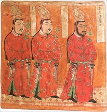 Uyghur Princes wearing Chinese-styled robes and headgear. (From the Bezeklik Caves), 8th-9th century Creator: Central Asian Art.