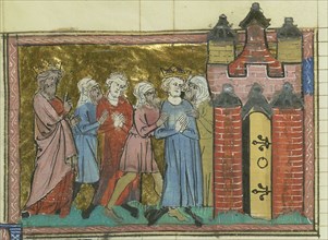 Arrest of Louis IX (From "Li rommans de Godefroy de Buillon et de Salehadin"), 1337. Creator: Maître de Fauvel (active 1314-1340).