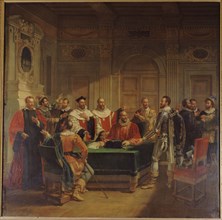 Esquisse pour l'ancien Hôtel de Ville de Paris : Brissac négociant auprès des échevins..., c.1827. Creator: Jean-Baptiste Messier.