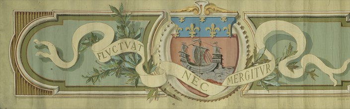 Bandeau décoratif avec les armes de la ville de Paris, un phylactère portant la devise et..., c1889. Creator: Louis Gilbert Bellan.